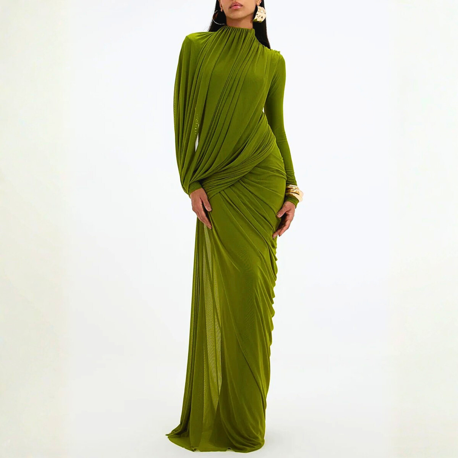 A close-up of a Satin Red dress with intricate detailing and a O-neck neckline. Golden Atelier