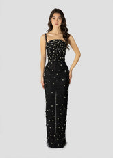 Black column gown with floral crystal embellishments
