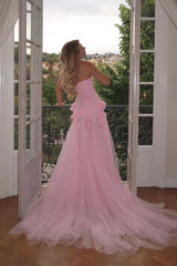 Pink Flower Tulle Embroidered Strapless Maxi Dress
