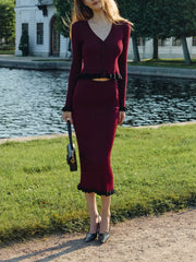 Ruffle cardigan with contrast high-waisted skirt