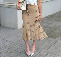 Floral print ruffle hem midi skirt