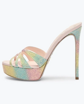 Platform crystal embellished stiletto heels in a rainbow gradient