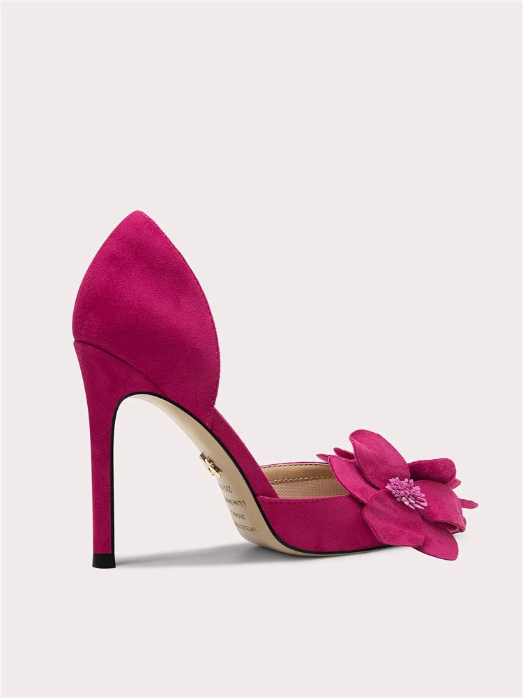 3D floral faux suede heels in fuchsia for weddings and events