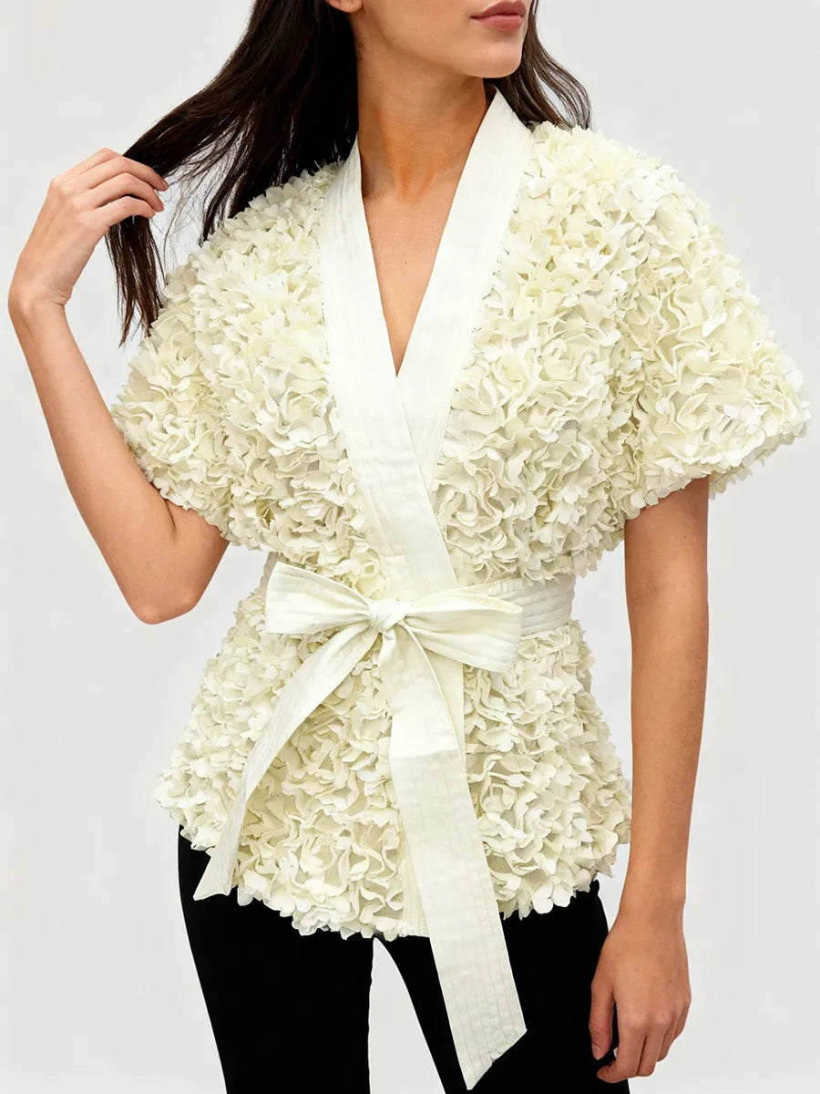 3D floral textured tunic top with tie waist