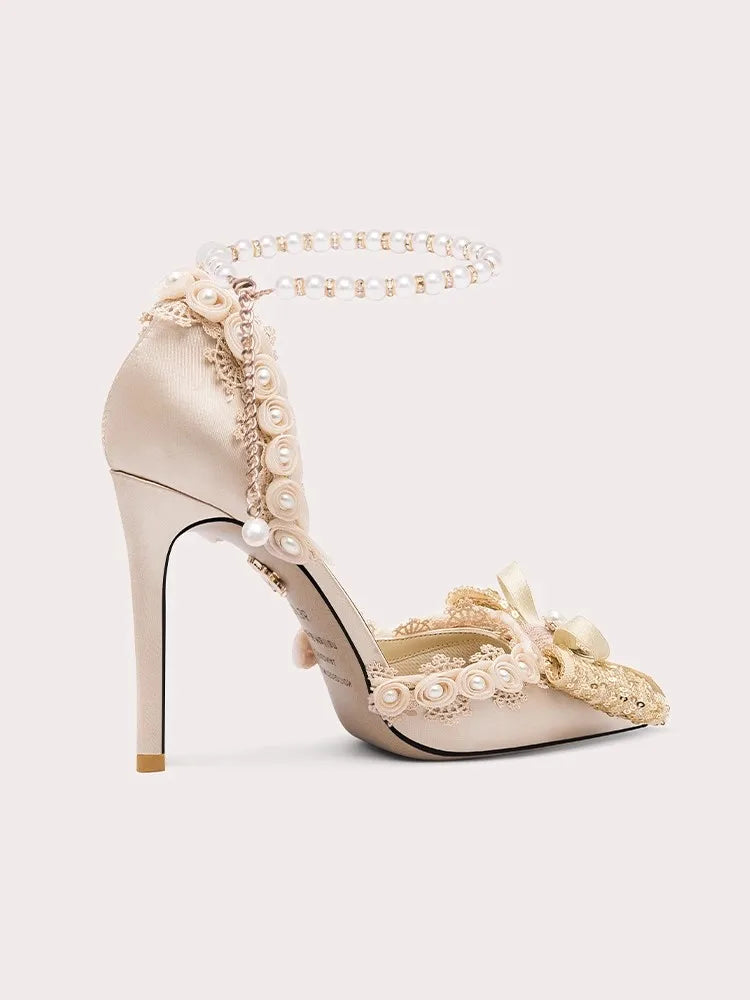 3D flower bridal pearl pumps for women’s luxury events