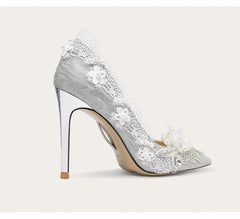 3D flower stiletto heels in silver designed for special occasions