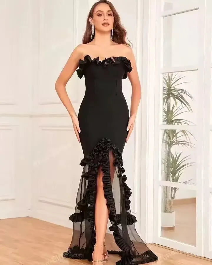 3D ruffle black mesh formalwear dress for gala and prom events