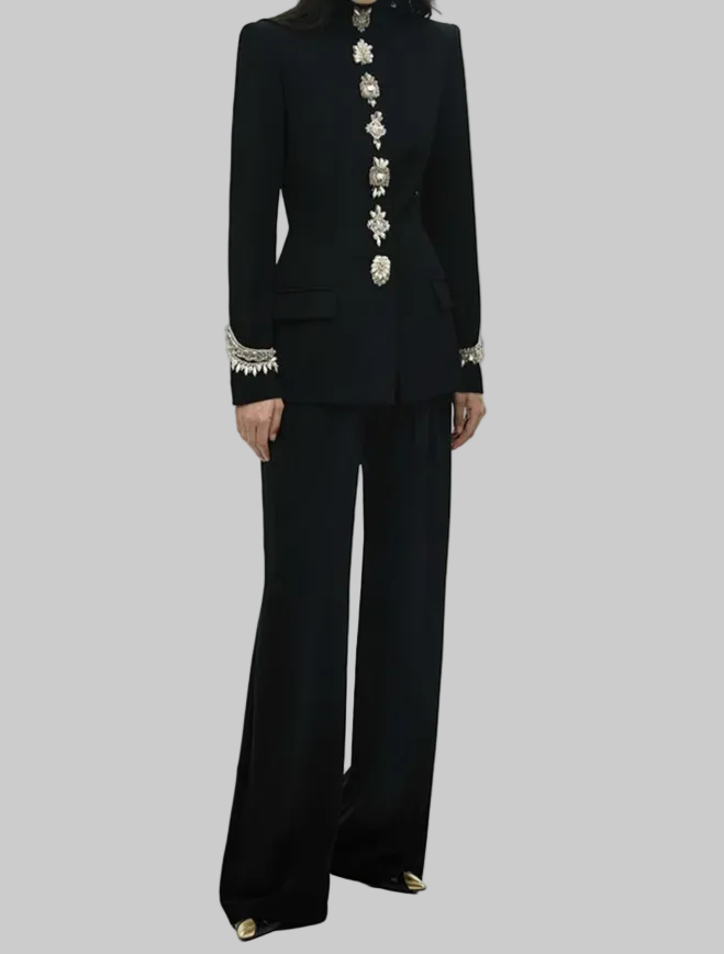 Black embellished stand collar jacket and wide leg pants suit worn by a model