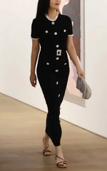 Embellished Short-Sleeve Knit Midi Dress