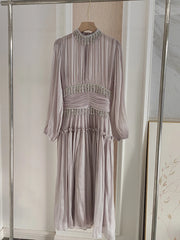 High Neck Pleated Midi Dress with Beaded Waist Detail