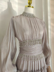 High Neck Pleated Midi Dress with Beaded Waist Detail