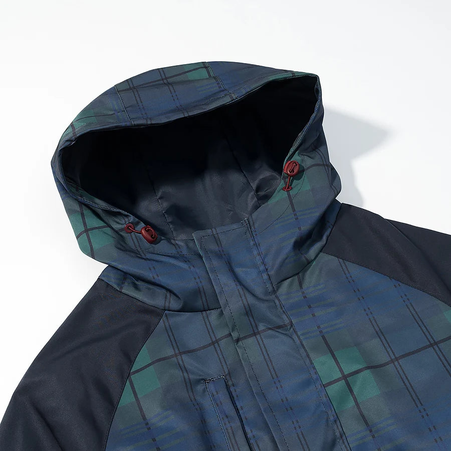 Blue plaid jacket with a hood on a white background