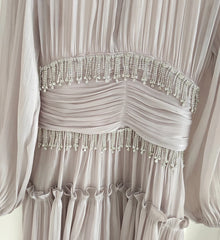 High Neck Pleated Midi Dress with Beaded Waist Detail