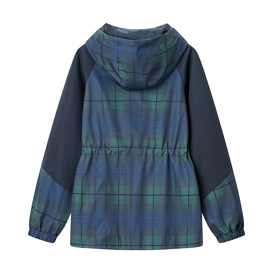 Plaid jacket with blue and green pattern on a white background