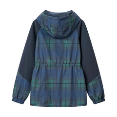 Plaid jacket with blue and green pattern on a white background