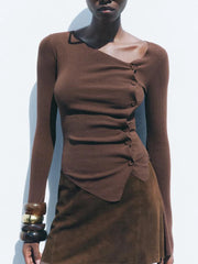 Knitted Long Sleeve Asymmetrical Button Up Top