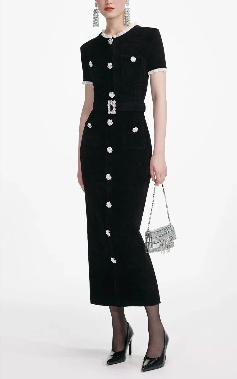 Short-sleeve embellished midi dress with waist belt