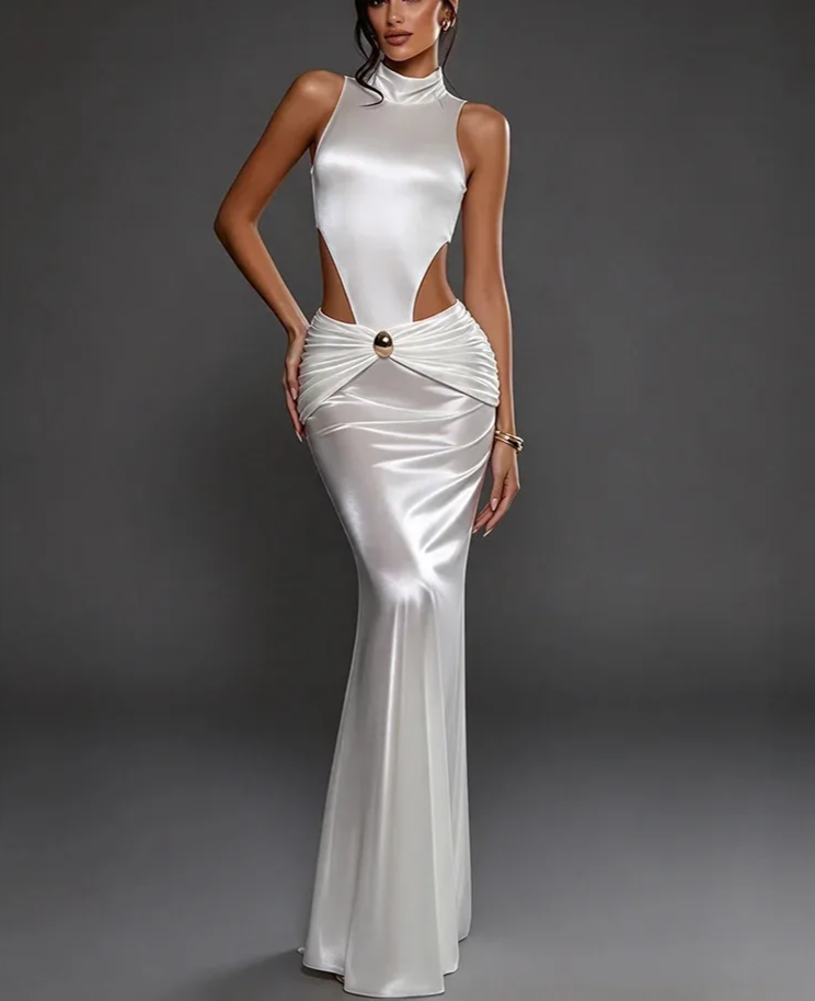 Cut-out Mock Neck Ruched Maxi Dress