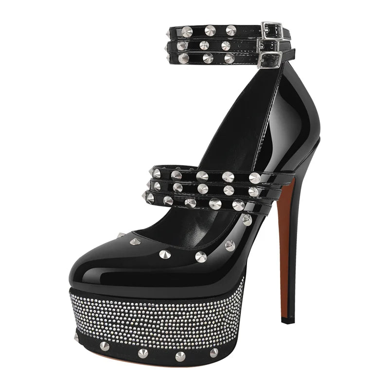 Studded platform stiletto heels with ankle straps