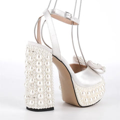 Pearl Embellished Platform Block Heel Sandals