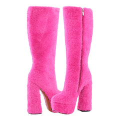 Pink fluffy platform knee-high boots with chunky heel