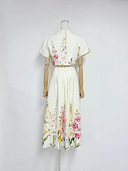 White Short Sleeve Flower Print Crop Top And Maxi Skirt Set