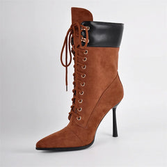 Pointed Toe Lace Up Mid Calf Boots