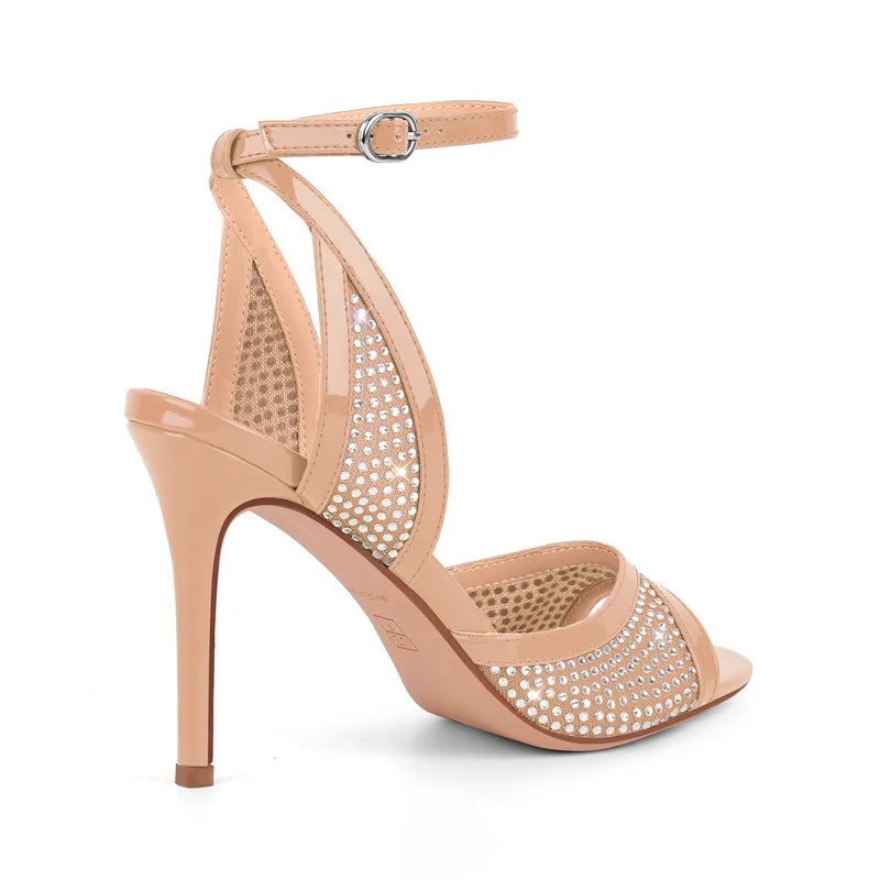 Sparkling ankle strap stiletto heels, rear view