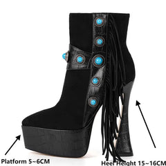 Fringed Rivet Platform Ankle Boots
