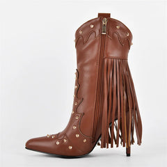 Side view of brown faux leather ankle boots with pointed toe, stiletto heel, fringe, and zipper.