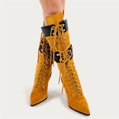 Pointed Toe Lace Up Mid Calf Boots