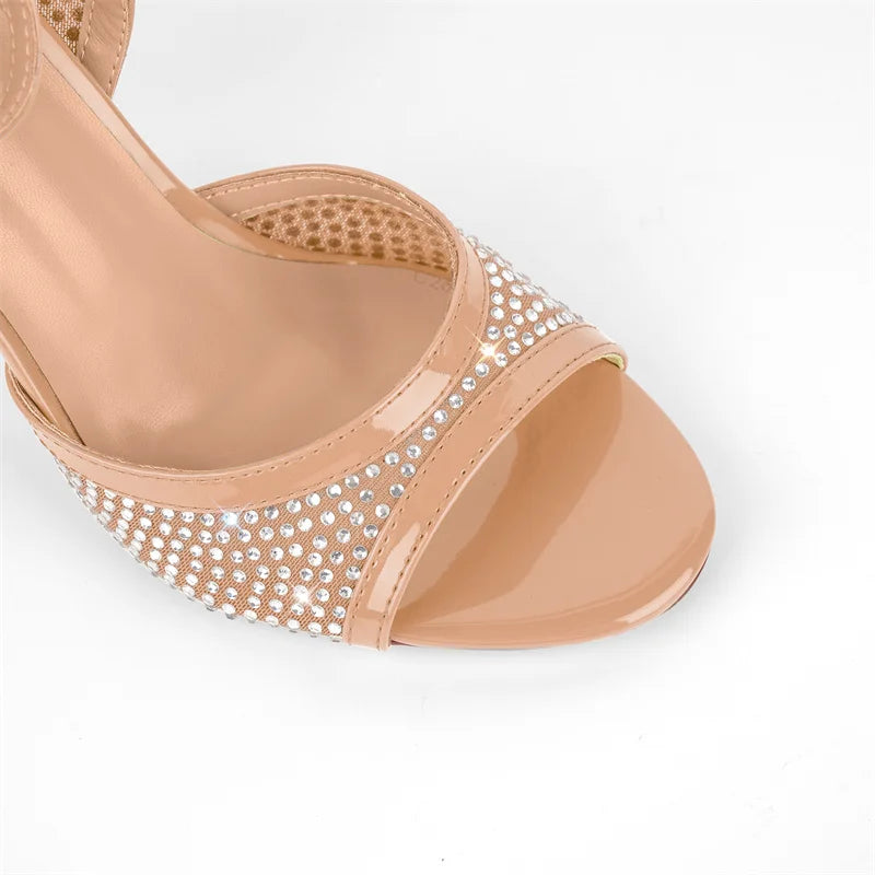 Sparkling ankle strap stiletto heels, toe detail
