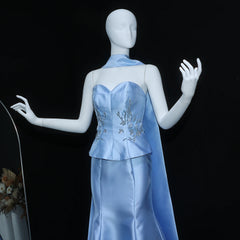 Mannequin wearing a light blue evening gown with floral embroidery on a black background