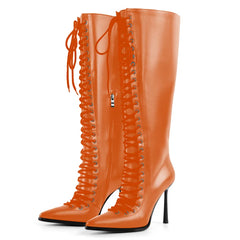 Lace Up Pointed Toe Knee High Boots