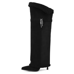 Faux Suede Lock Pull On Knee High Boots