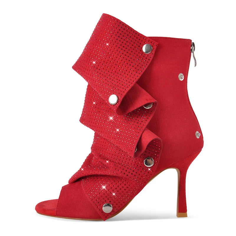 Red stiletto ruched rhinestone peep toe ankle boots, side view.
