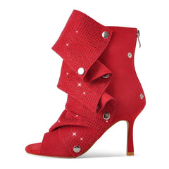 Red stiletto ruched rhinestone peep toe ankle boots, side view.