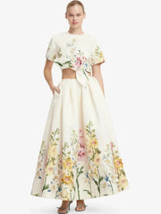 Floral print cropped short sleeve top and full A-line skirt back view