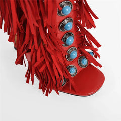 Fringed Turquoise Studded Knee High Boots