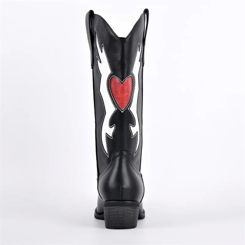 Back view of black embroidered heart western boots