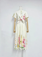 White Short Sleeve Flower Print Crop Top And Maxi Skirt Set