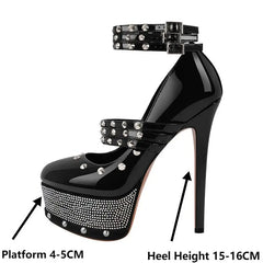 Studded platform stiletto heels with ankle strap detail and measurements