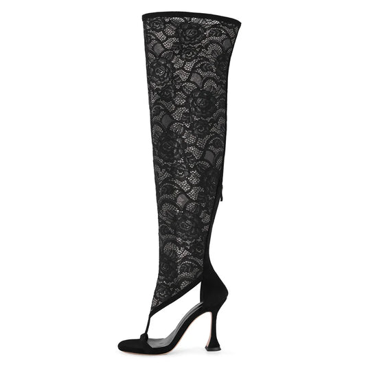 Black lace over the knee stiletto boots with a pointed toe.