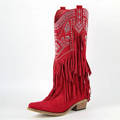 Red fringed pointed toe cowboy boots with embroidery