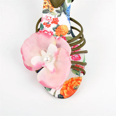 Detail of stiletto heel and floral pattern on the shoe