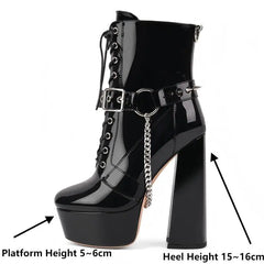 Side view of black patent leather platform lace-up chunky heel boots