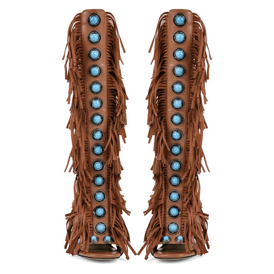 Fringed turquoise studded knee-high boots, peep toe, back zipper, stiletto heel