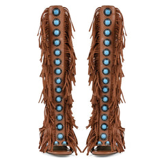 Fringed turquoise studded knee-high boots, peep toe, back zipper, stiletto heel