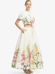 Floral print cropped short sleeve top and full A-line skirt