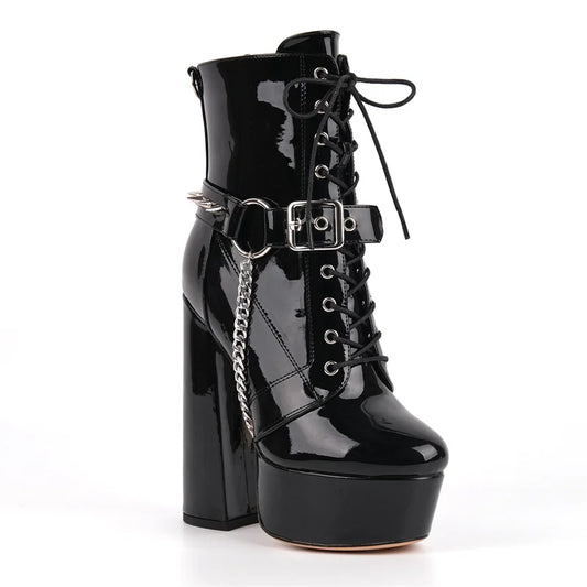Black patent leather platform lace-up chunky heel boots with metal chain detail